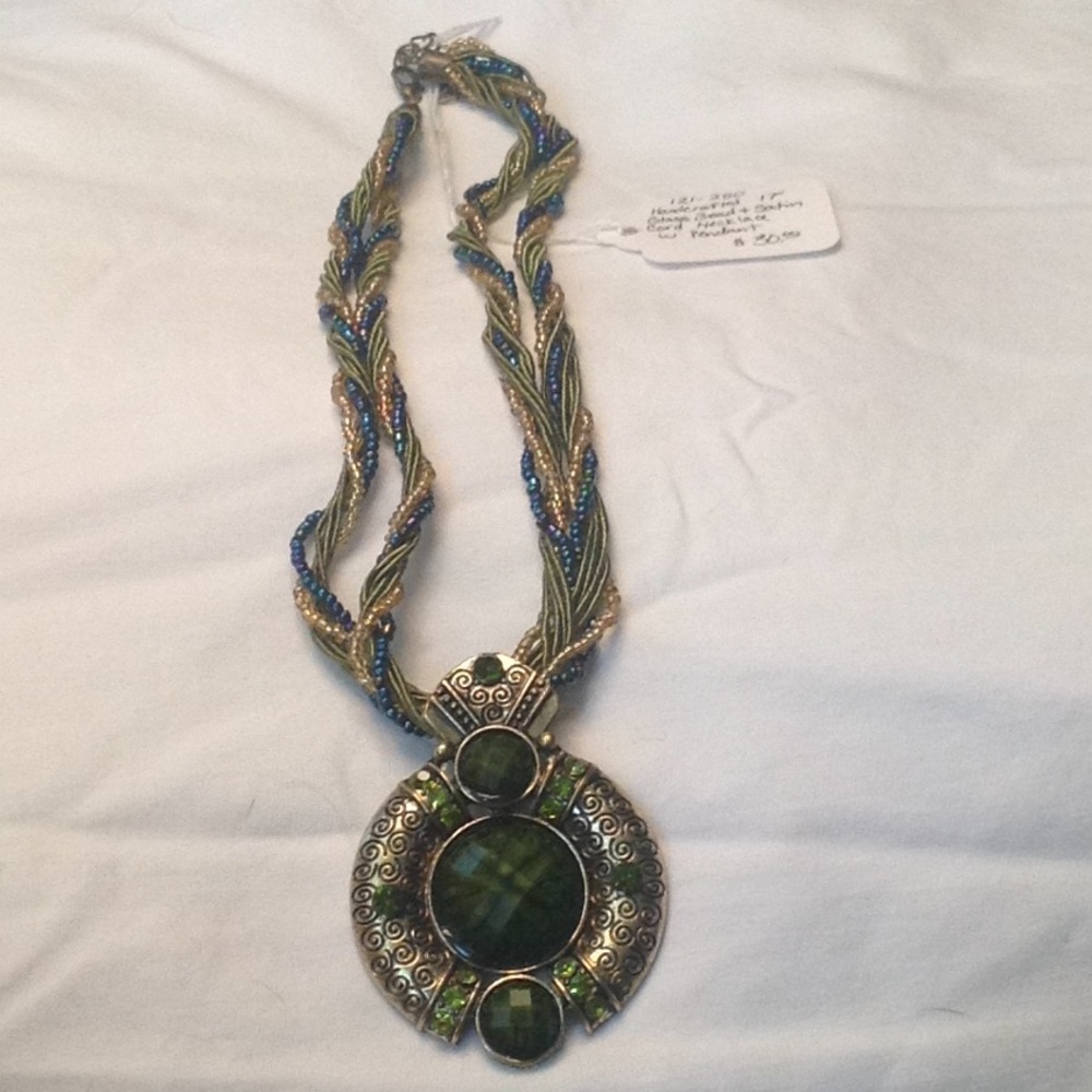 Glass Bead & Satin Cord Necklace w Pendant